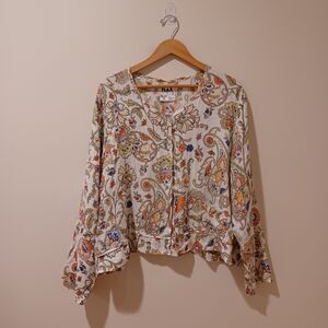 Flax Linen Women's Boxy Oversized Paisley Print Cardigan Lagenlook Top L Cropped